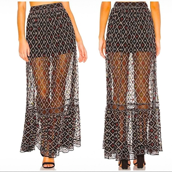 Tularosa revolve Lexi Embroidered Beaded Maxi Skirt Size extra Small in Black - Picture 1 of 14